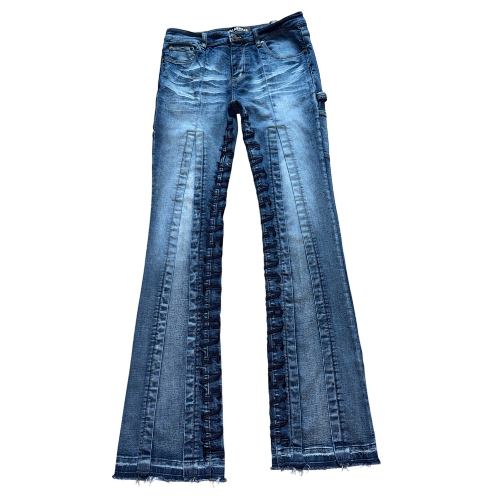 VALABASAS Men's Pleated Stacked Flare Cargo Jeans Blue 34x42 XXL Tall